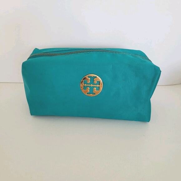 Tory Burch Cosmetic Toiletry Bag Case Teal Blue Pouch Zip Around Logo Medium - Picture 1 of 10